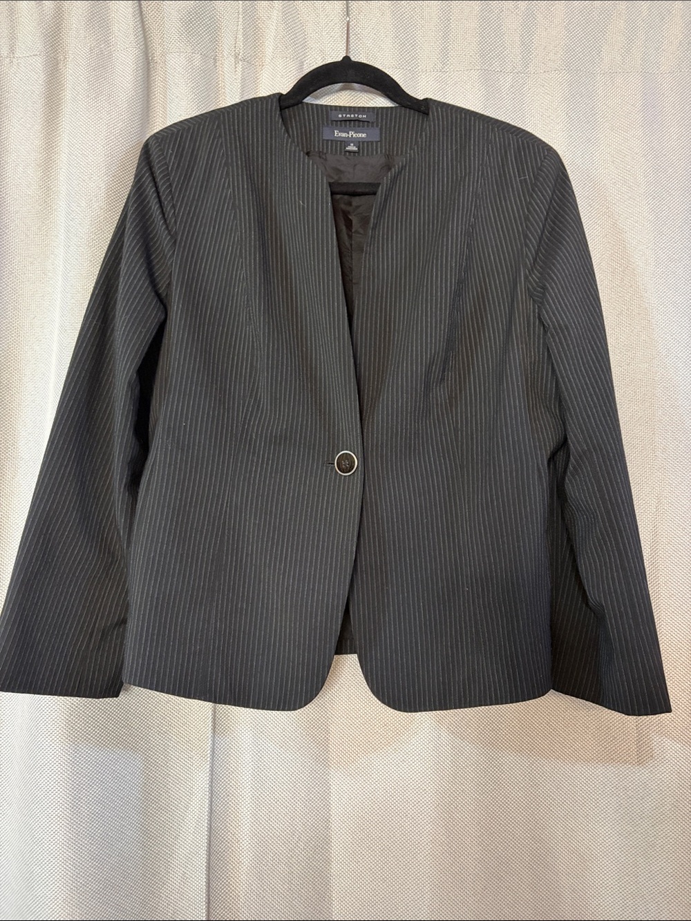 Evan Picone Black Pinstripe Collarless Blazer with Silver-Tone Button
